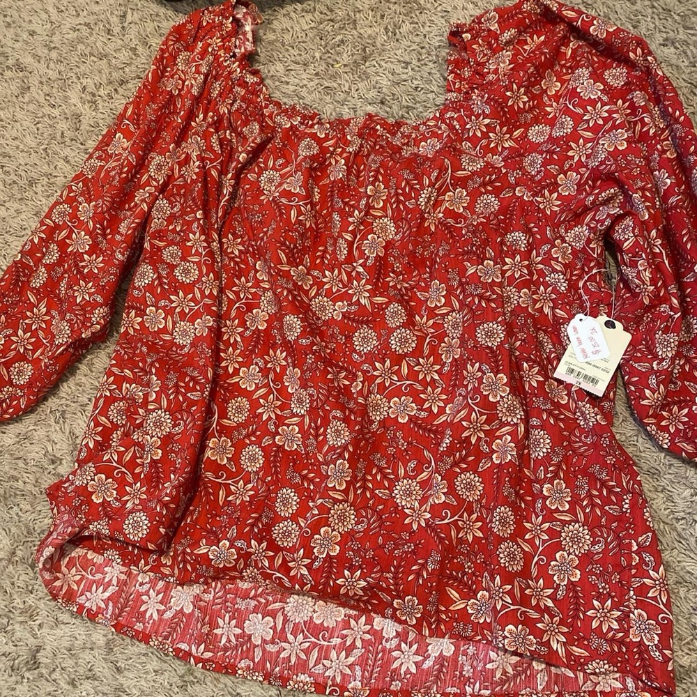 St. John's Bay Red Smocked 3/4 Sleeve Blouse